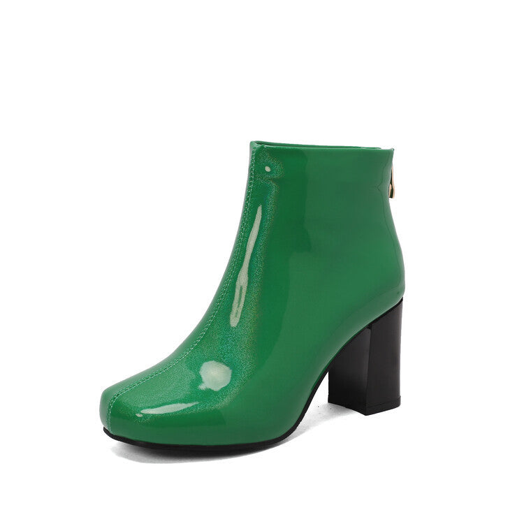 Solid Color Patent Leather High Heel Ankle Boots