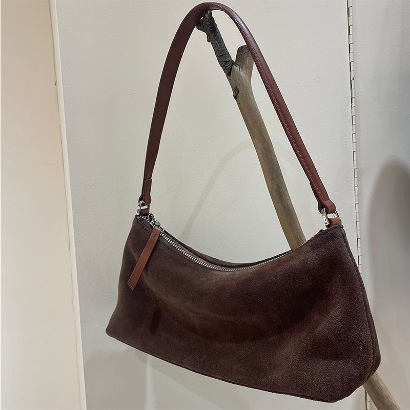 Retro Matte Top-grain Leather Niche Suede Shoulder Bag