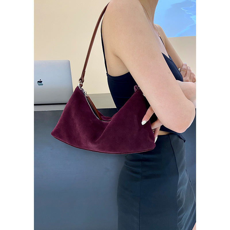 Retro Matte Top-grain Leather Niche Suede Shoulder Bag