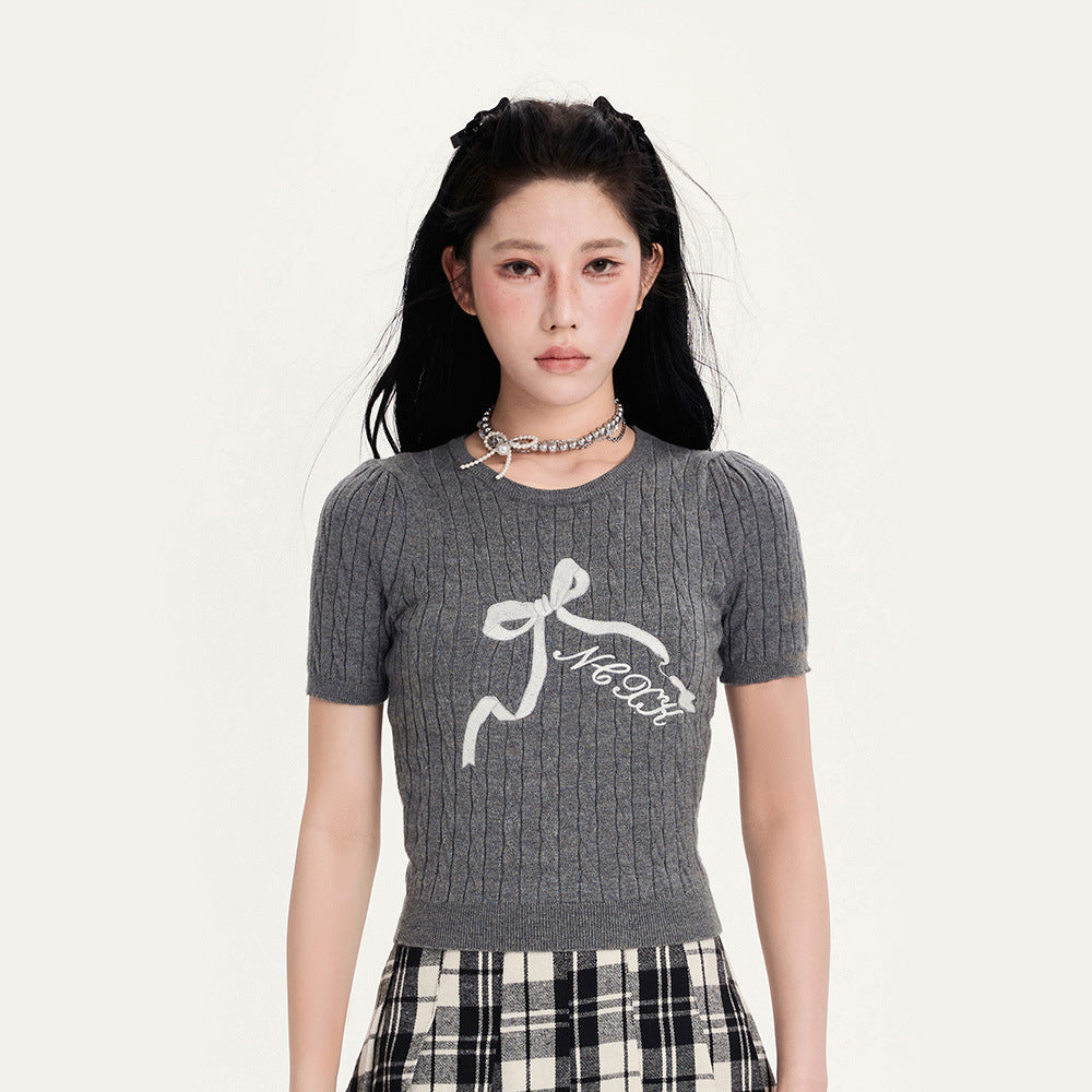Bow Embroidered Hollow-Out Short Sweater