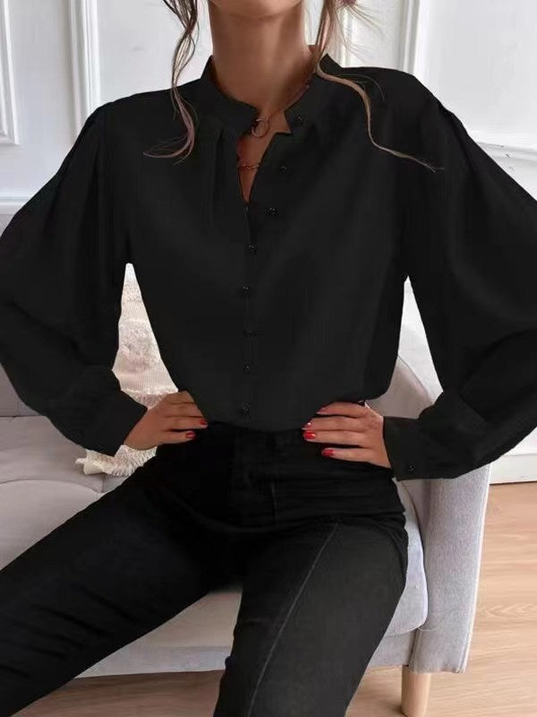 Solid Color Round Neck Long Sleeve Women's Shirt for Commute Style