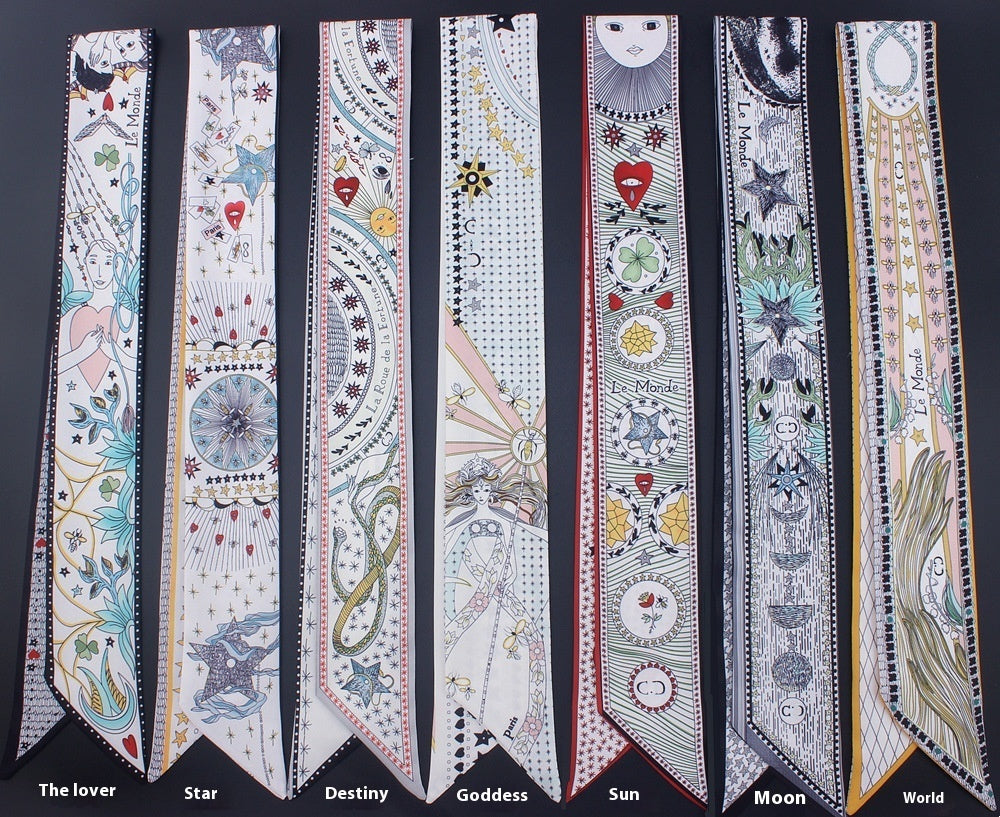 Tarot Series Duplex Printing Twill Silk Scarves with Tied Bag Handles