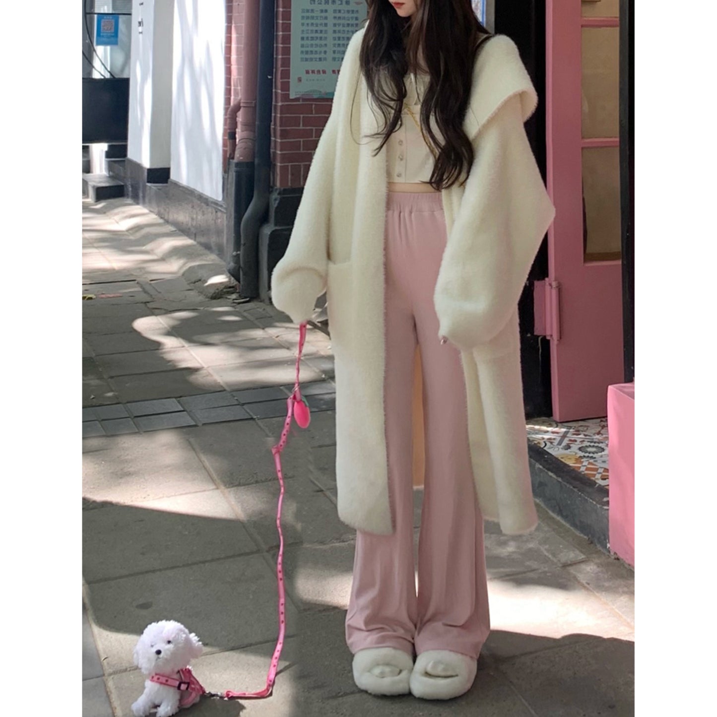 Women's Hooded Fur Cardigan, Thick Knit Handmade Spring Coat