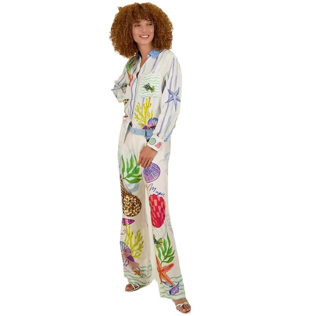 Satin Printed Graffiti Casual Shirt and Trousers Set