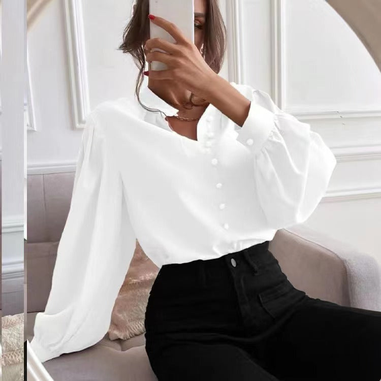 Solid Color Round Neck Long Sleeve Women's Shirt for Commute Style