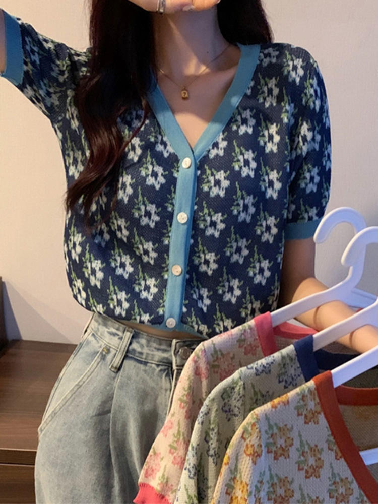 Summer High Waist Contrast Color Retro Knitted Cardigan