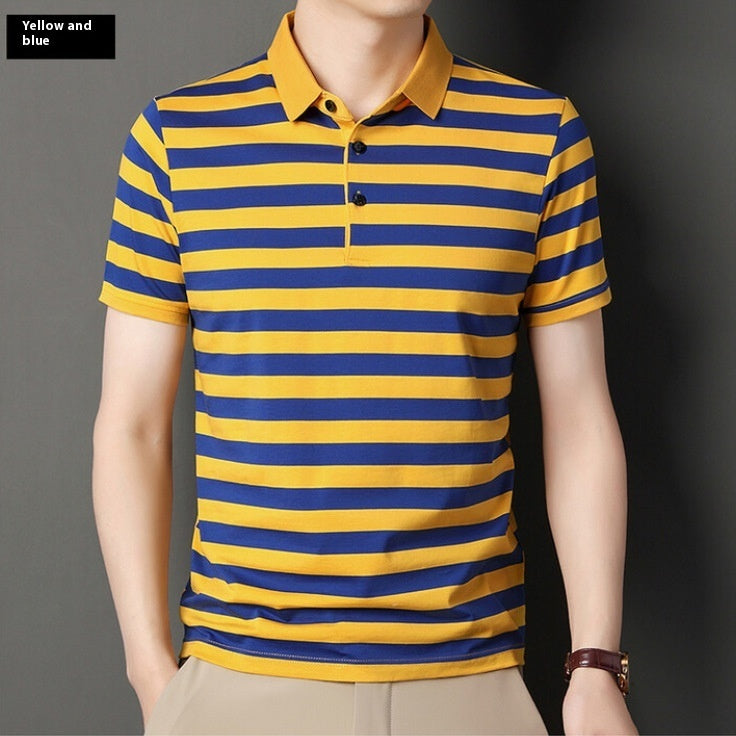 Summer Men's Cotton Ice Silk Striped Polo T-shirt