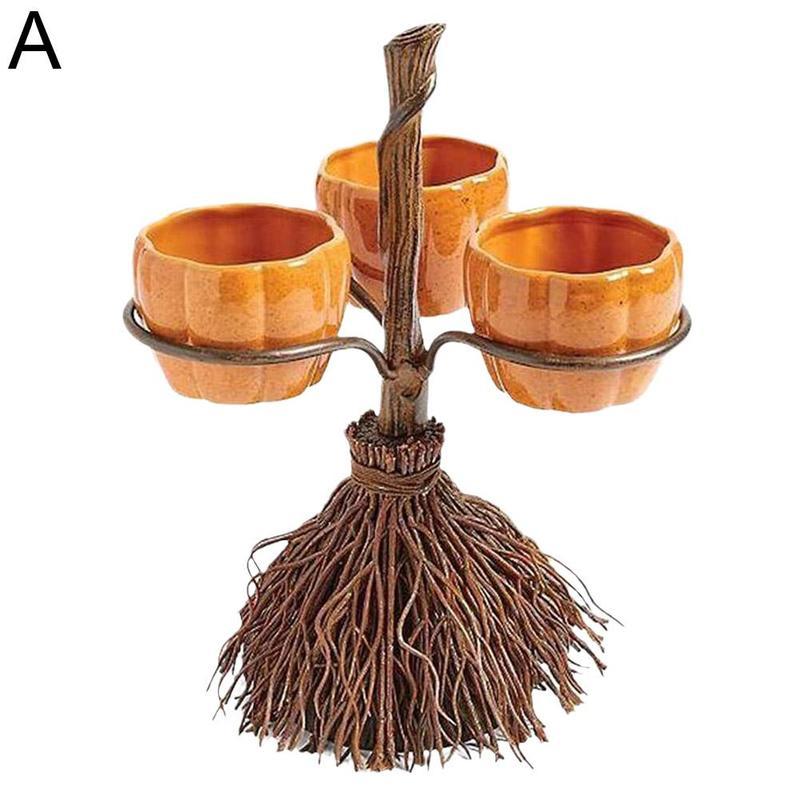 Halloween Broom Pumpkin Snack Bowl Rack Decor