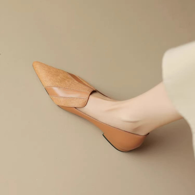 Stitched Leather Pointed Low-Cut Shoes