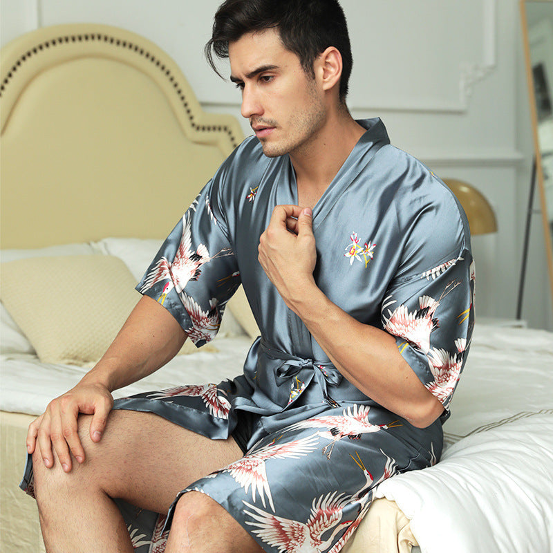 Printed Silk Nightgown Men's Groom Morning Gown Pajamas