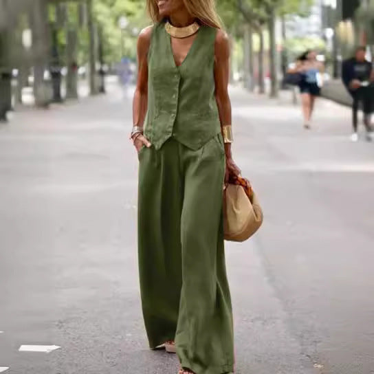 Women's Casual Solid Color Vest Trousers Suit