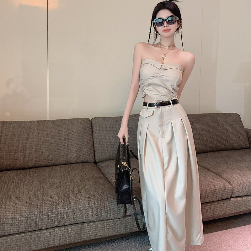 Slimming High Waist Belted Skirt Tube Top Set