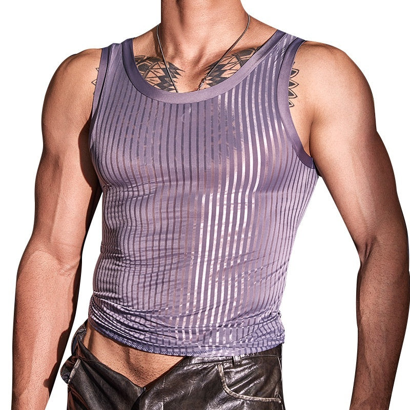 New Men's Cross-strap Striped Thin Transparent Elastic Vest