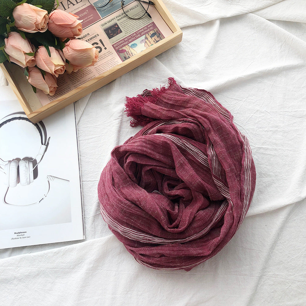 Japanese Korean Striped Solid Color Cotton And Linen Scarf