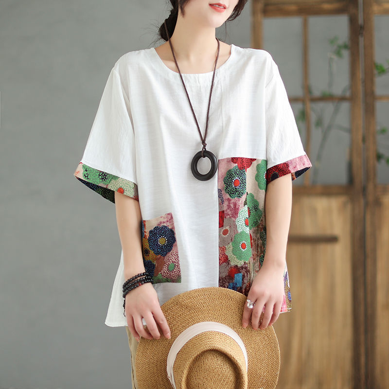 Retro Loose Color-Block Printed Top