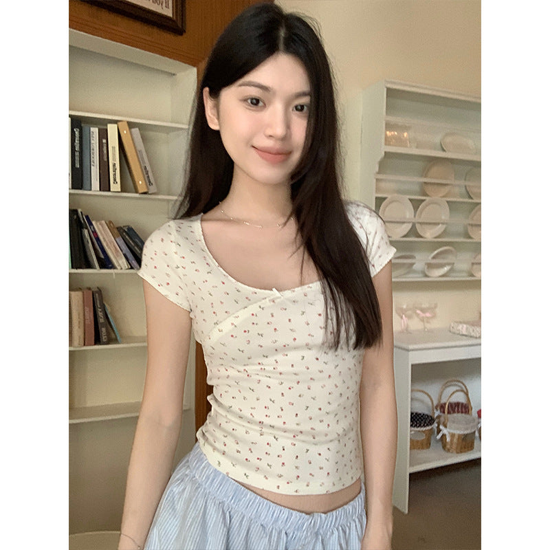 Bow Short-sleeved T-shirt Scoop Short Desire Style T-shirt
