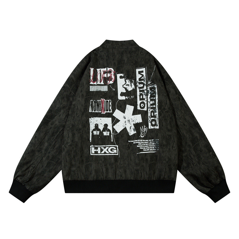 Letter Print Loose Stand-up Collar Jacket