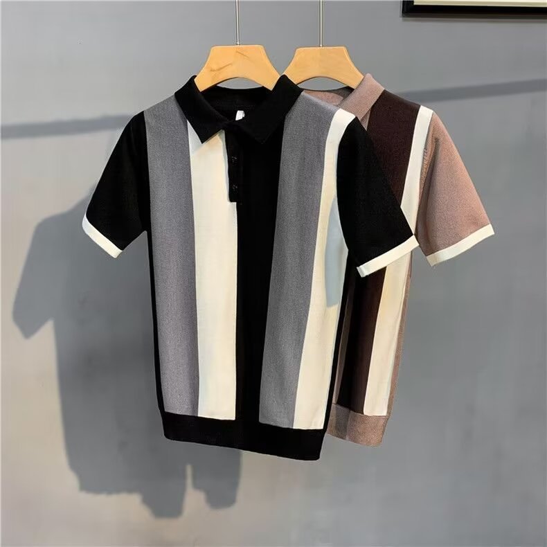 Short Sleeve Men's Vintage Stripe Zipper Shirt