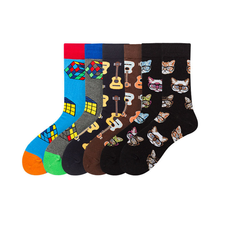 Men's Mid-calf Colorful Guitar Cat Face Cotton Socks