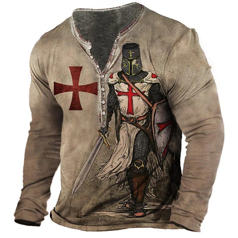 Open Placket Button Digital Print Long Sleeve T-shirt