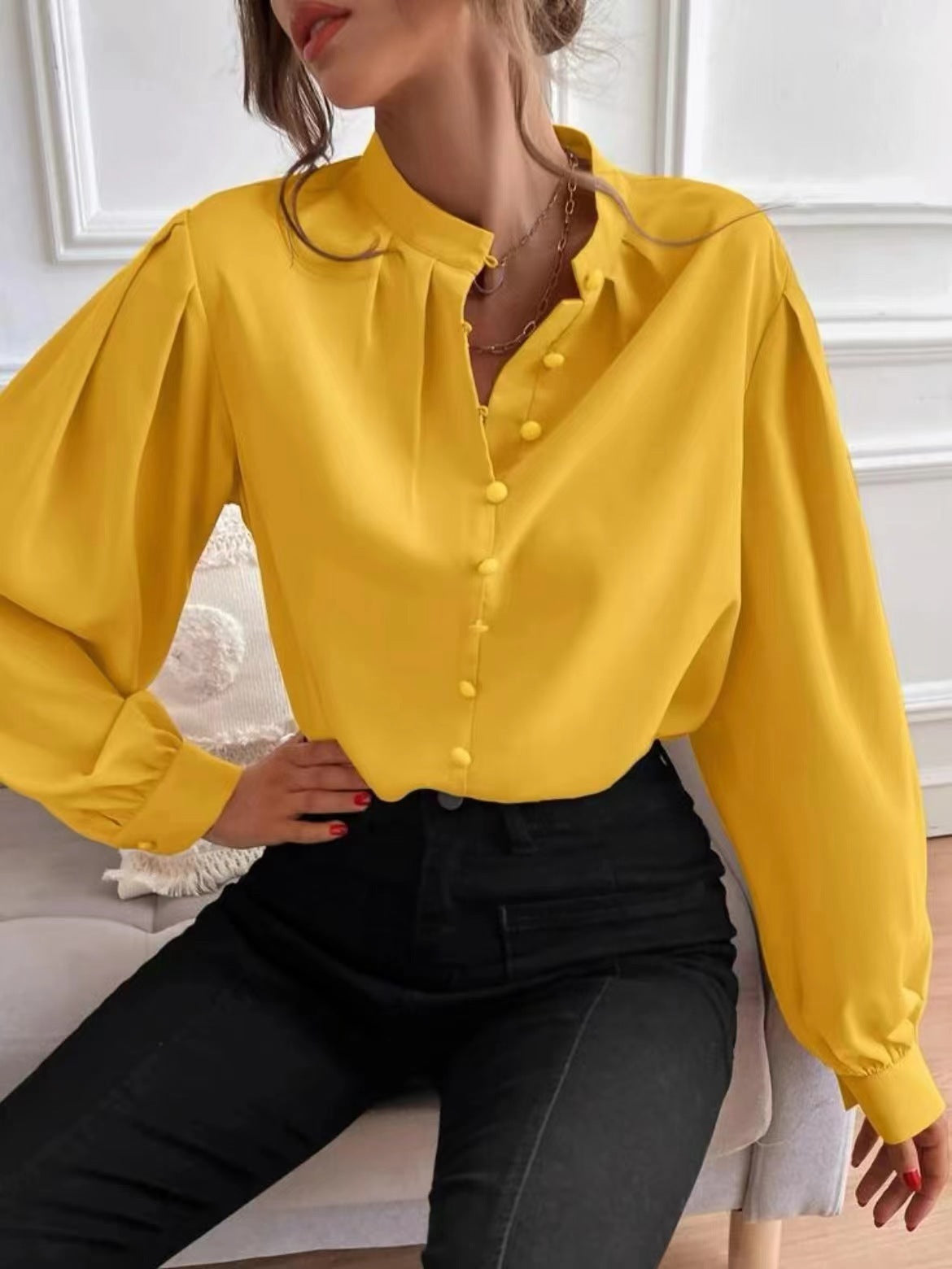 Solid Color Round Neck Long Sleeve Women's Shirt for Commute Style