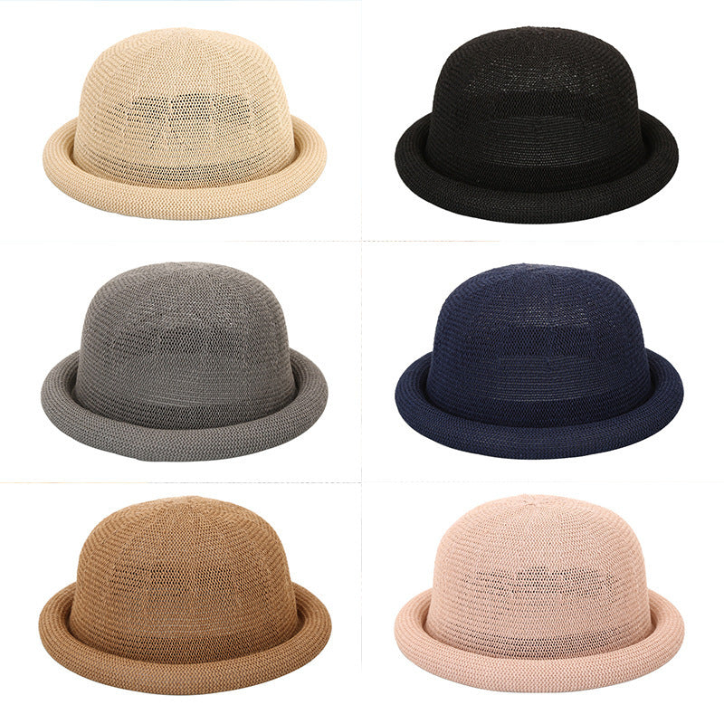 Women's Straw Yarn Curled Brim Round Crown Top Hat Leisure Basin Hat
