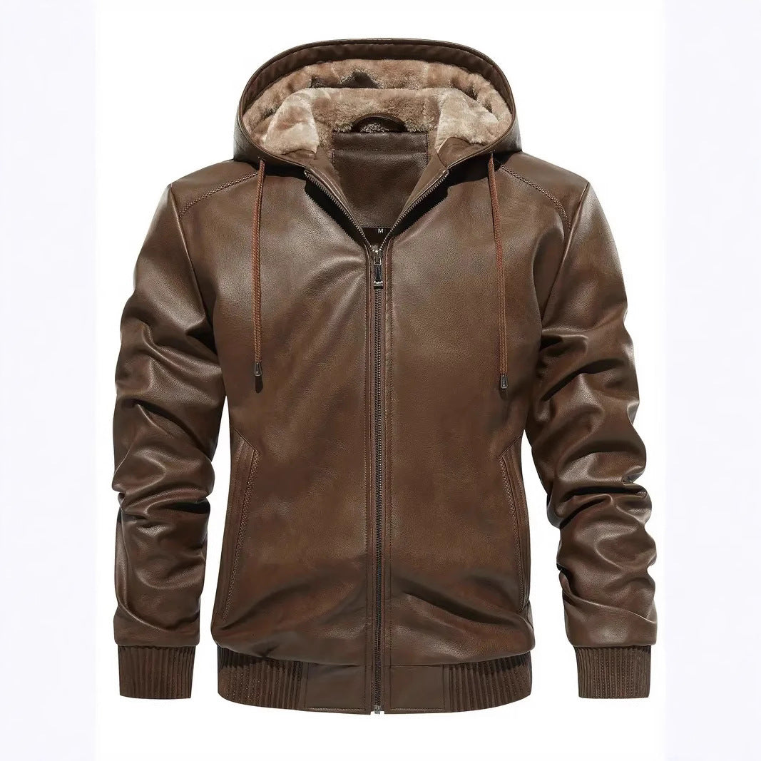 Winter Fleece-lined Men's Casual All-matching Hooded Leather Coat Coat
