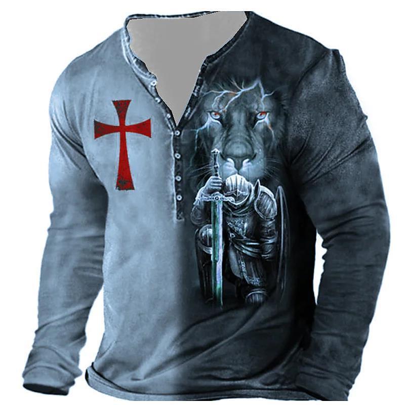 Open Placket Button Digital Print Long Sleeve T-shirt