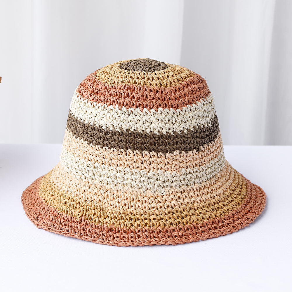 Striped Handmade Crocheted Rainbow Straw Hat For Women Foldable Sun-proof