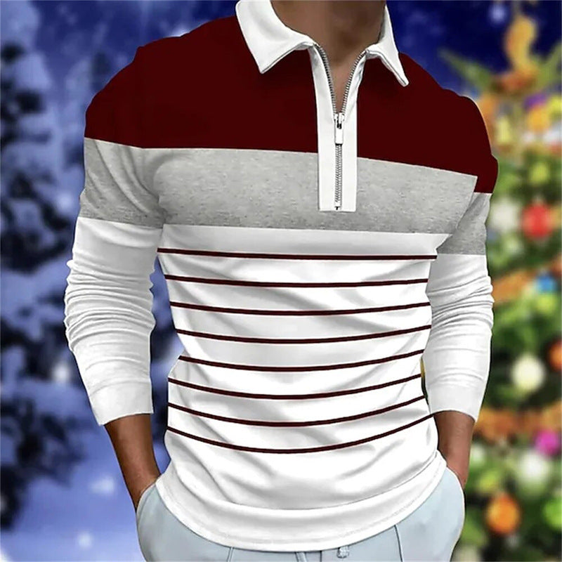 Men's Long Sleeve Color Block Zipper Polo Shirt