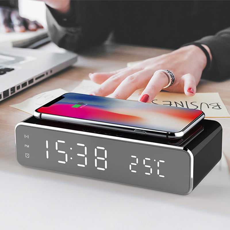 LED Alarm Clock Wireless Charger Thermometer Mirror Clock
