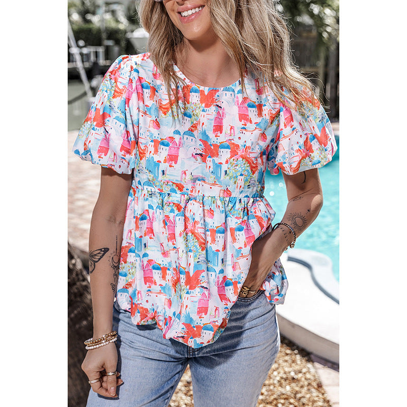 Women's Cute Contrast Color Stitching Round Neck Short-Sleeved Shirt