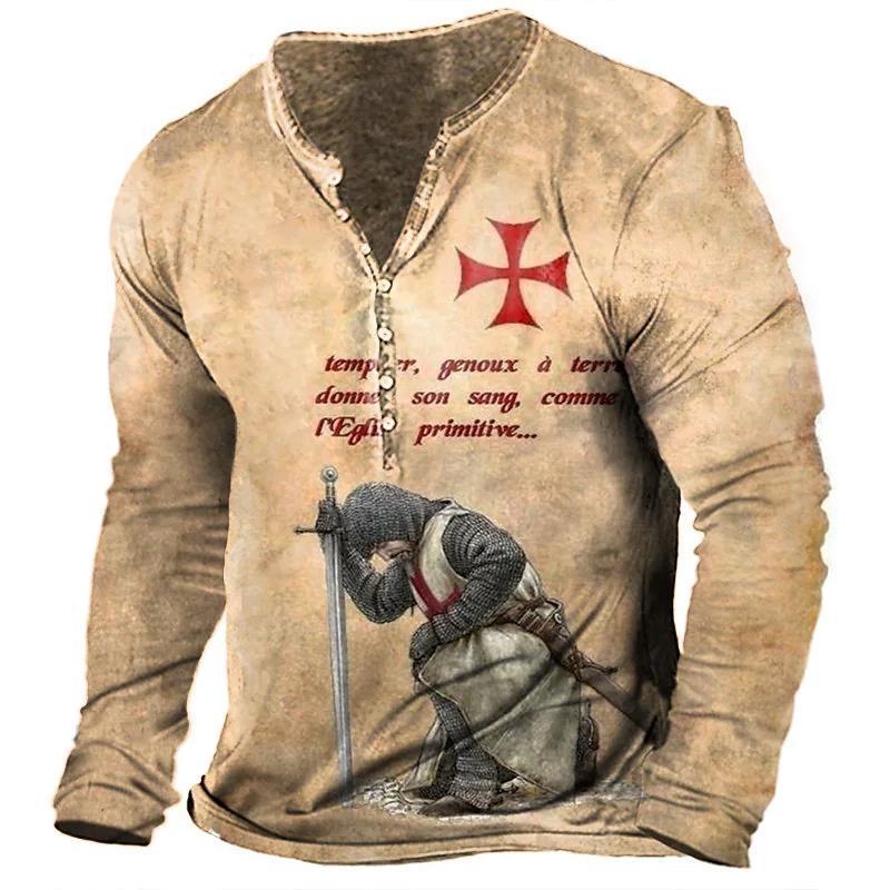 Open Placket Button Digital Print Long Sleeve T-shirt