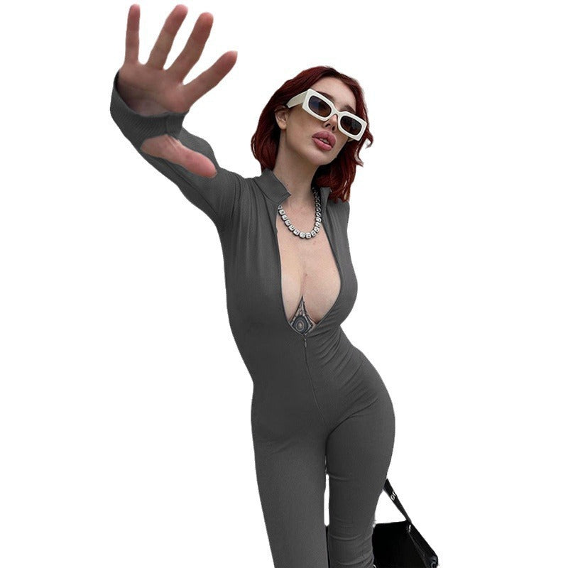 Women's Fashion Zipper Chest Slim-Fit Long-Sleeve Stretch Jumpsuit