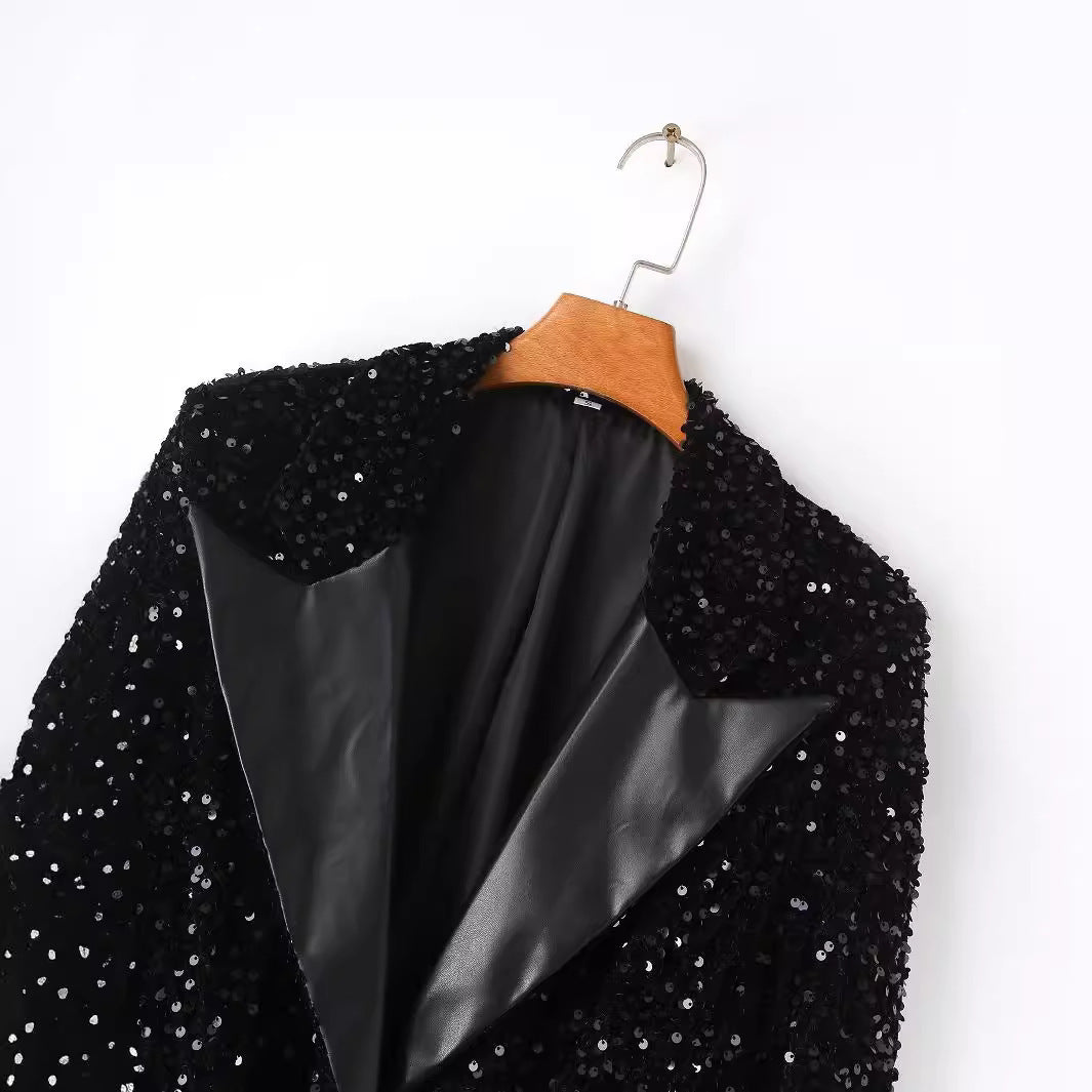 European And American Stitching Neckline Women's Casual Sequin Suit Women's Jacket