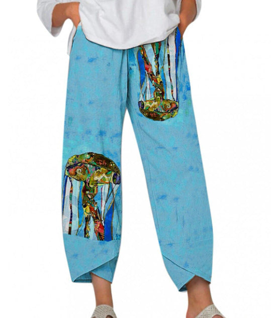 Slub Linen Loose Fashion Digital Printing Casual Pants