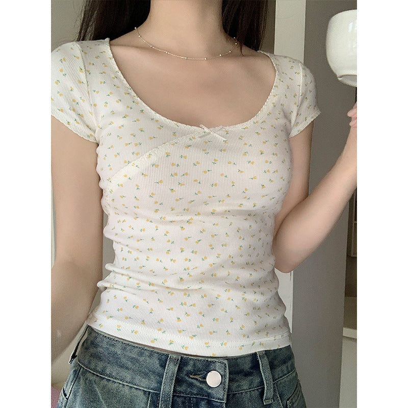 Bow Short-sleeved T-shirt Scoop Short Desire Style T-shirt