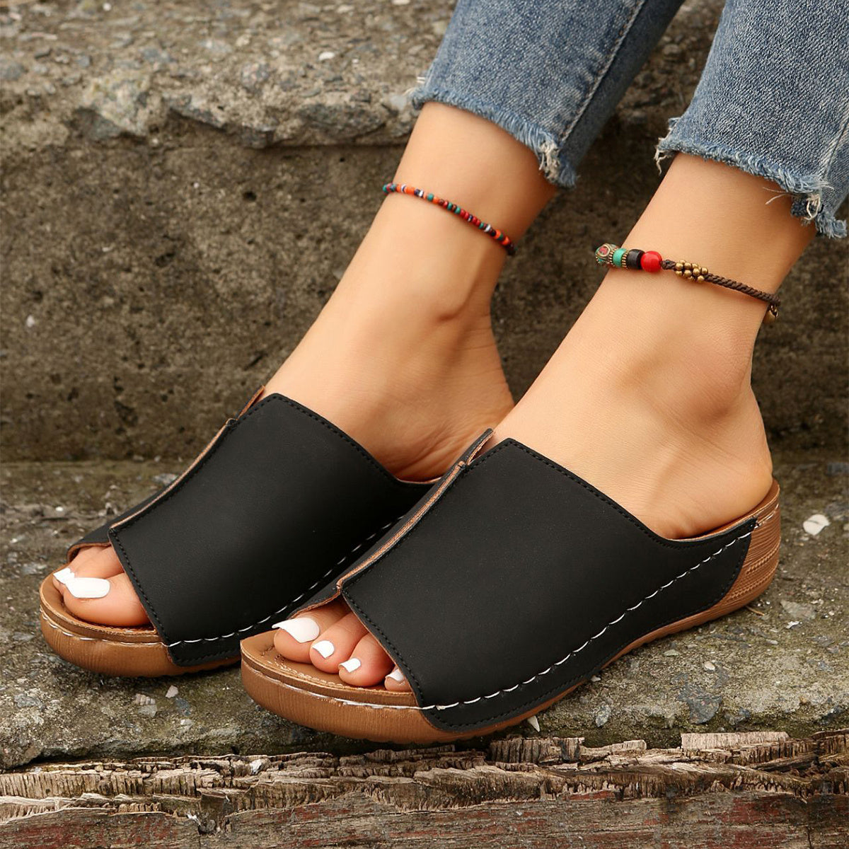 Solid Wedge Peep-Toe Slides