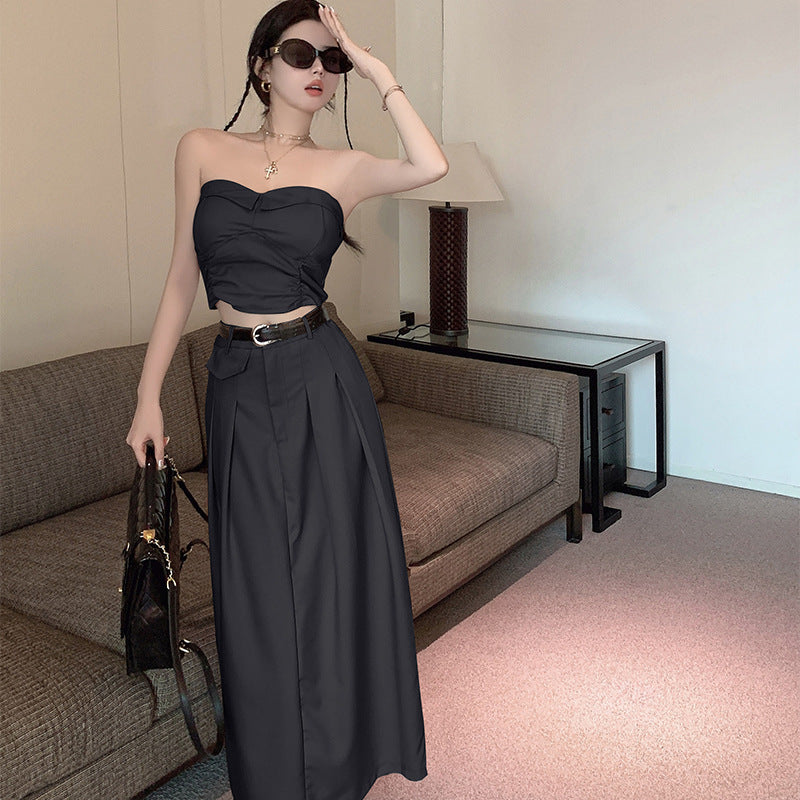 Slimming High Waist Belted Skirt Tube Top Set