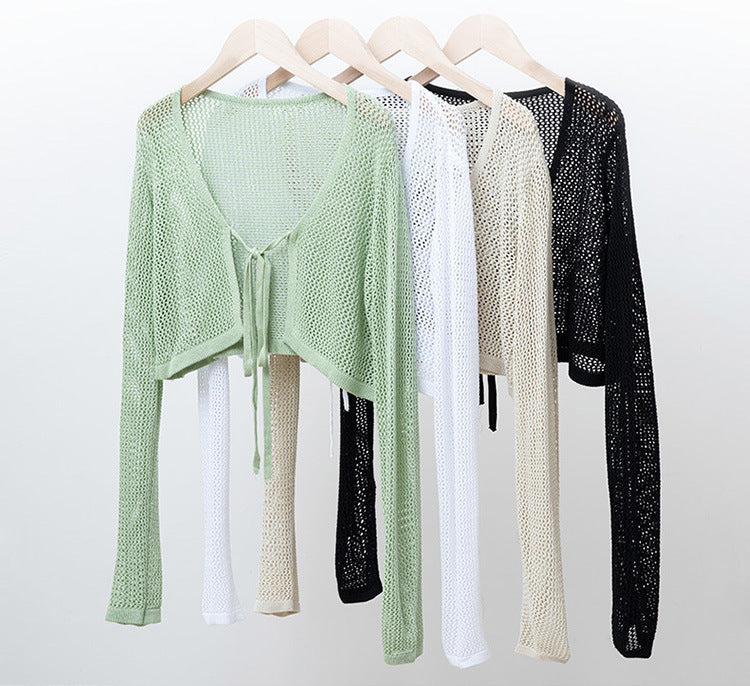 Women's Summer Short Hollow-out Mesh Shirt Ice Silk Shawl Blouse Cardigan