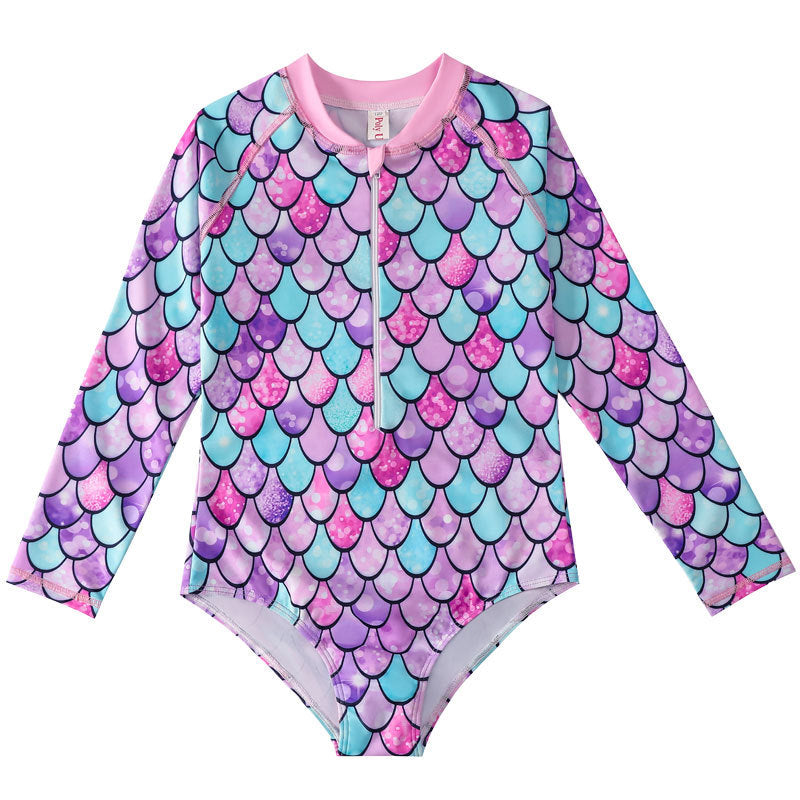Children's Mermaid Scale One-Piece Swimsuit with Long Sleeves