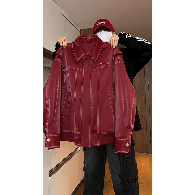 Spring Design Fake Two-piece Leather Coat