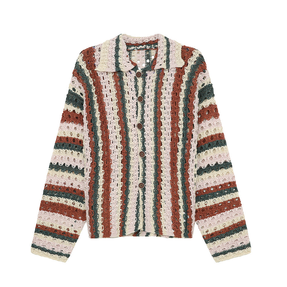 Rainbow Bar Contrast Color Hollow Knitted Cardigan