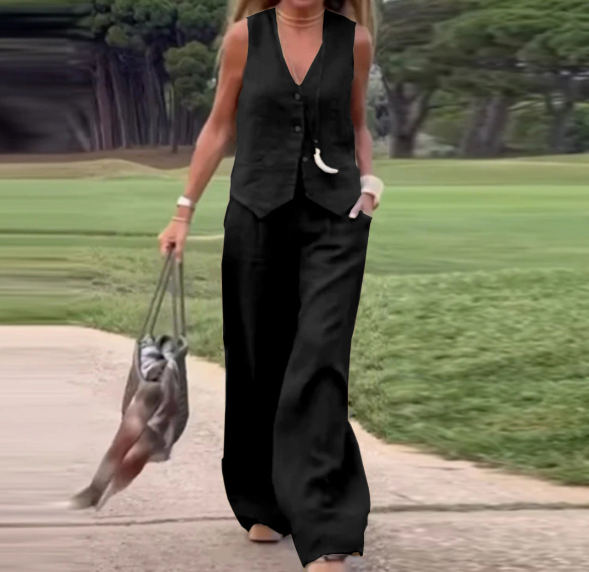 Women's Casual Solid Color Vest Trousers Suit