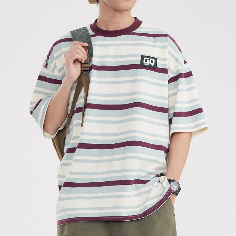 Vintage Stripe Niche Couple Loose Half Sleeve Top