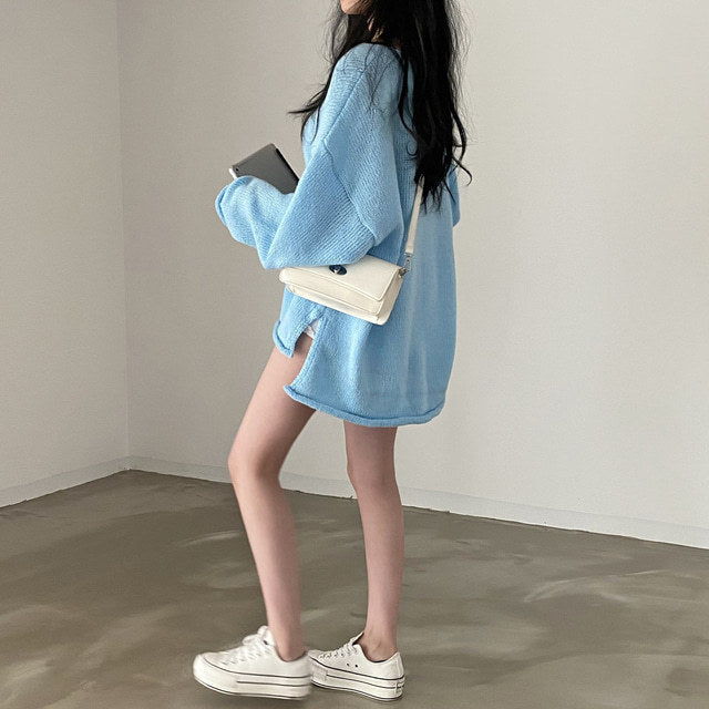 Retro V-neck Slit Pullover Sweater with Lazy Style