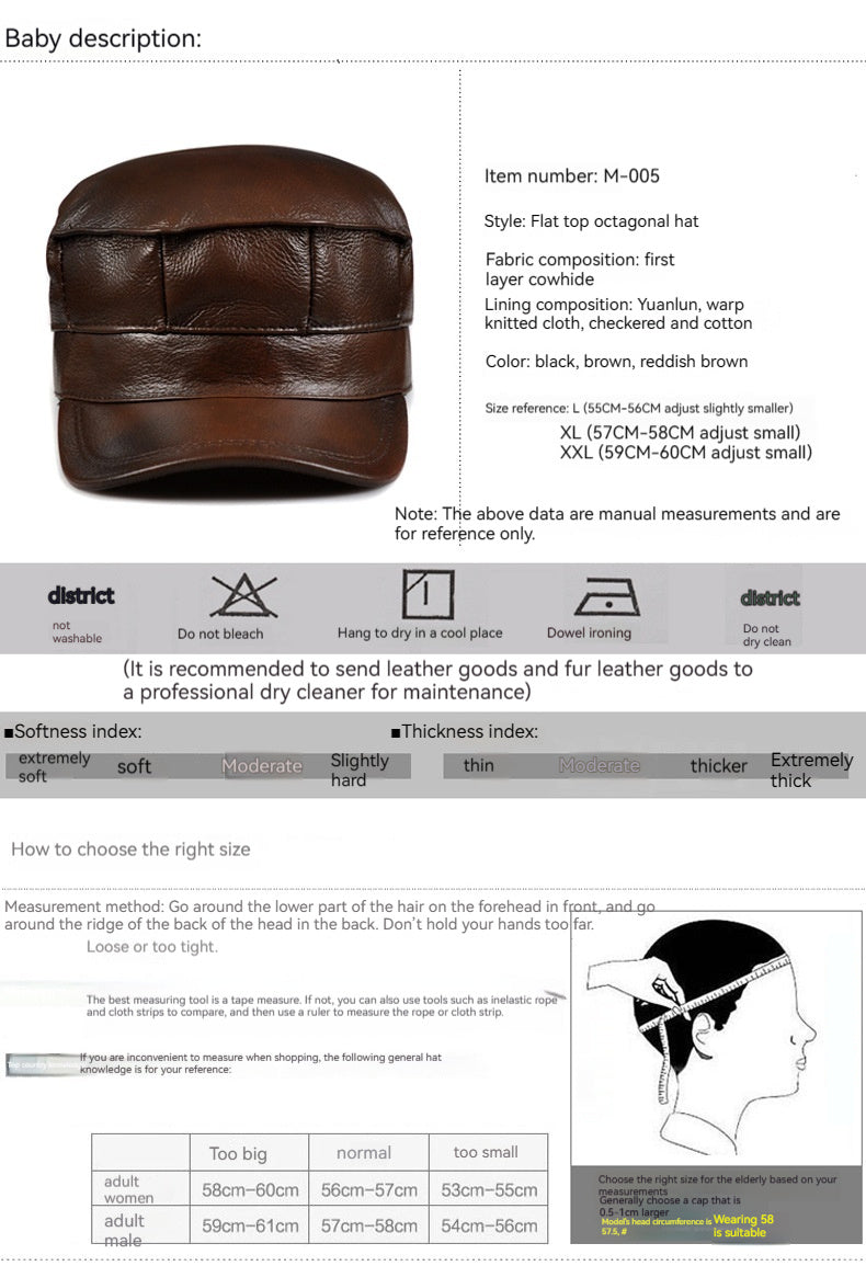 Autumn Winter Men's Genuine Leather Octagonal Cap