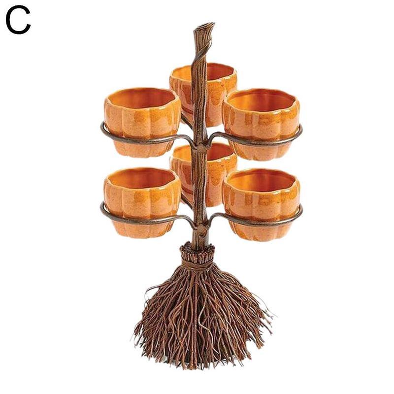 Halloween Broom Pumpkin Snack Bowl Rack Decor