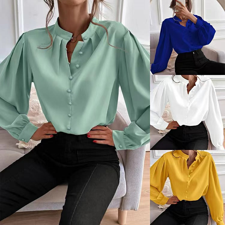 Solid Color Round Neck Long Sleeve Women's Shirt for Commute Style