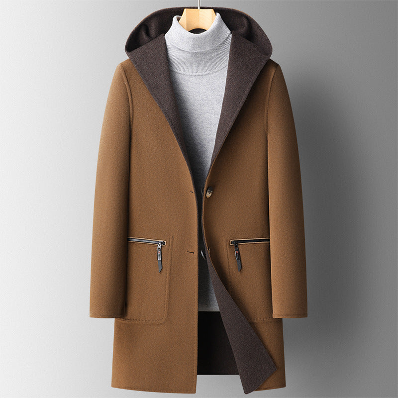 Fall Winter Hooded Double-sided Wear Wool Overcoat Men's Mid-length